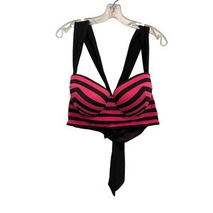 Torrid Halter Bikini Top Womens 2X Black Pink Striped Built in Bra Beach READ
